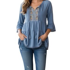 Isela Blue Beaded V-Neck Tie Bell Sleeve Boho Hippie Y2K Pullover Top Size Small